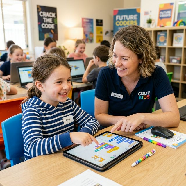 Child in a live coding class interacting with an instructor
