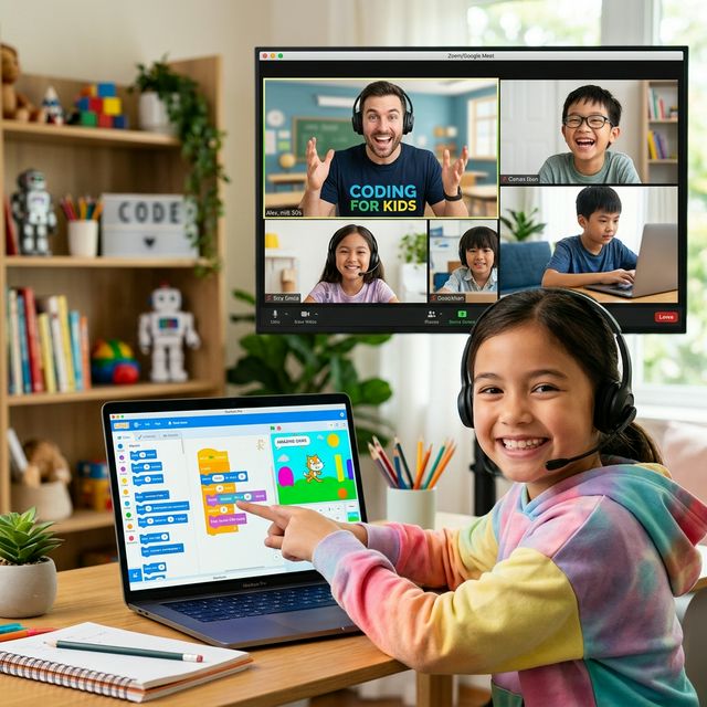Kids coding with instructor on screen