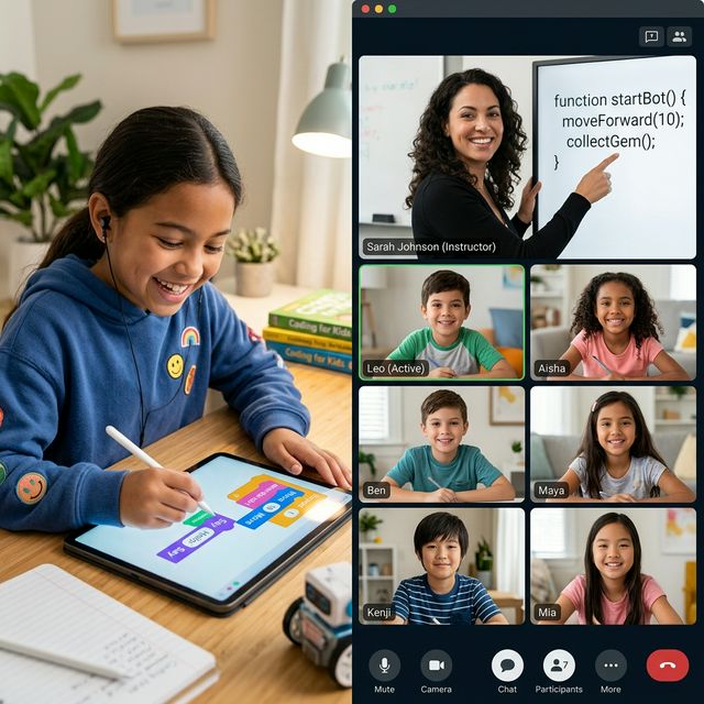 Split-screen showing student working and live instructor session