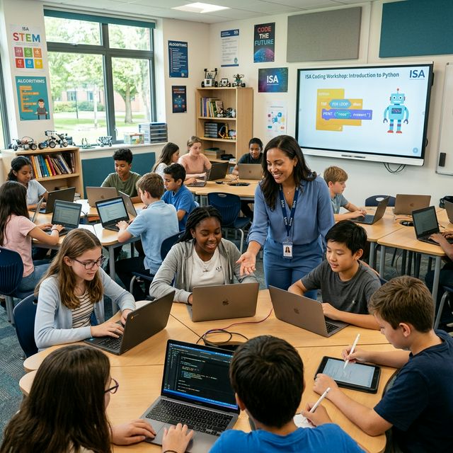 Students in a classroom using laptops with an instructor